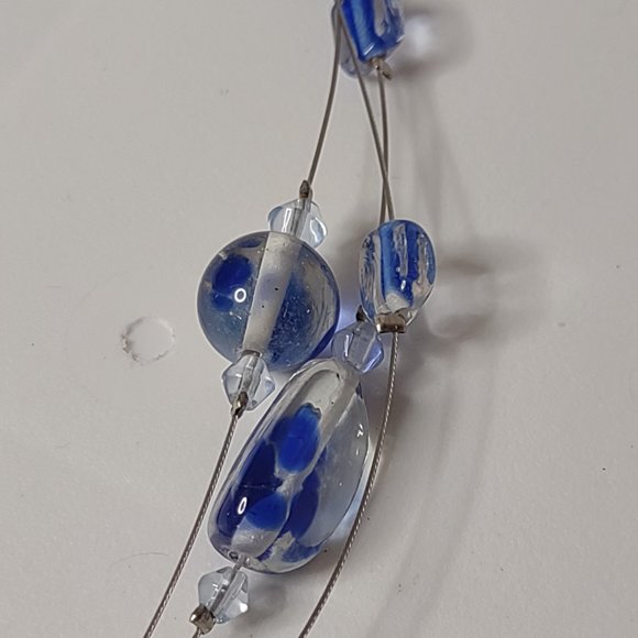 Blue And Clear Glass Bead And Wire Necklace Adjustable 15.5 To 18 Inches Long - Picture 5 of 12